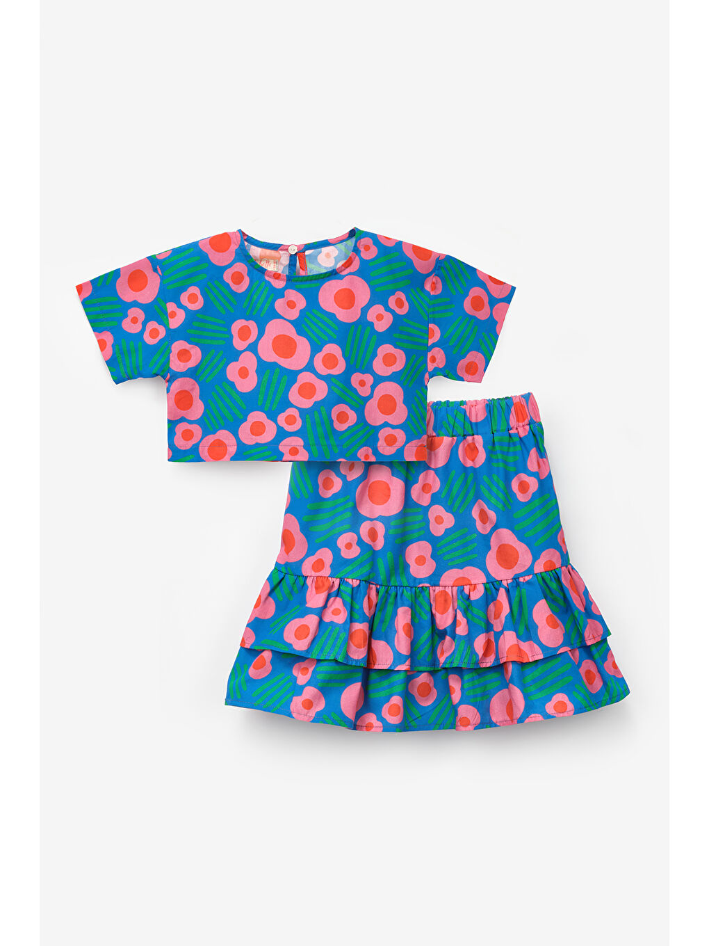 Mavi Çiçek Desenli Kız Çocuk Etek Crop Takım - Lavinia-4