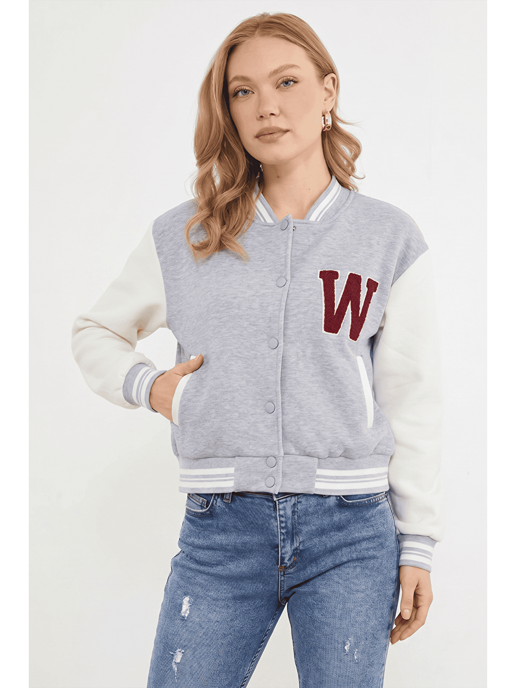 Gri 3 İplik Nakışlı Unisex Kolej Ceket-1