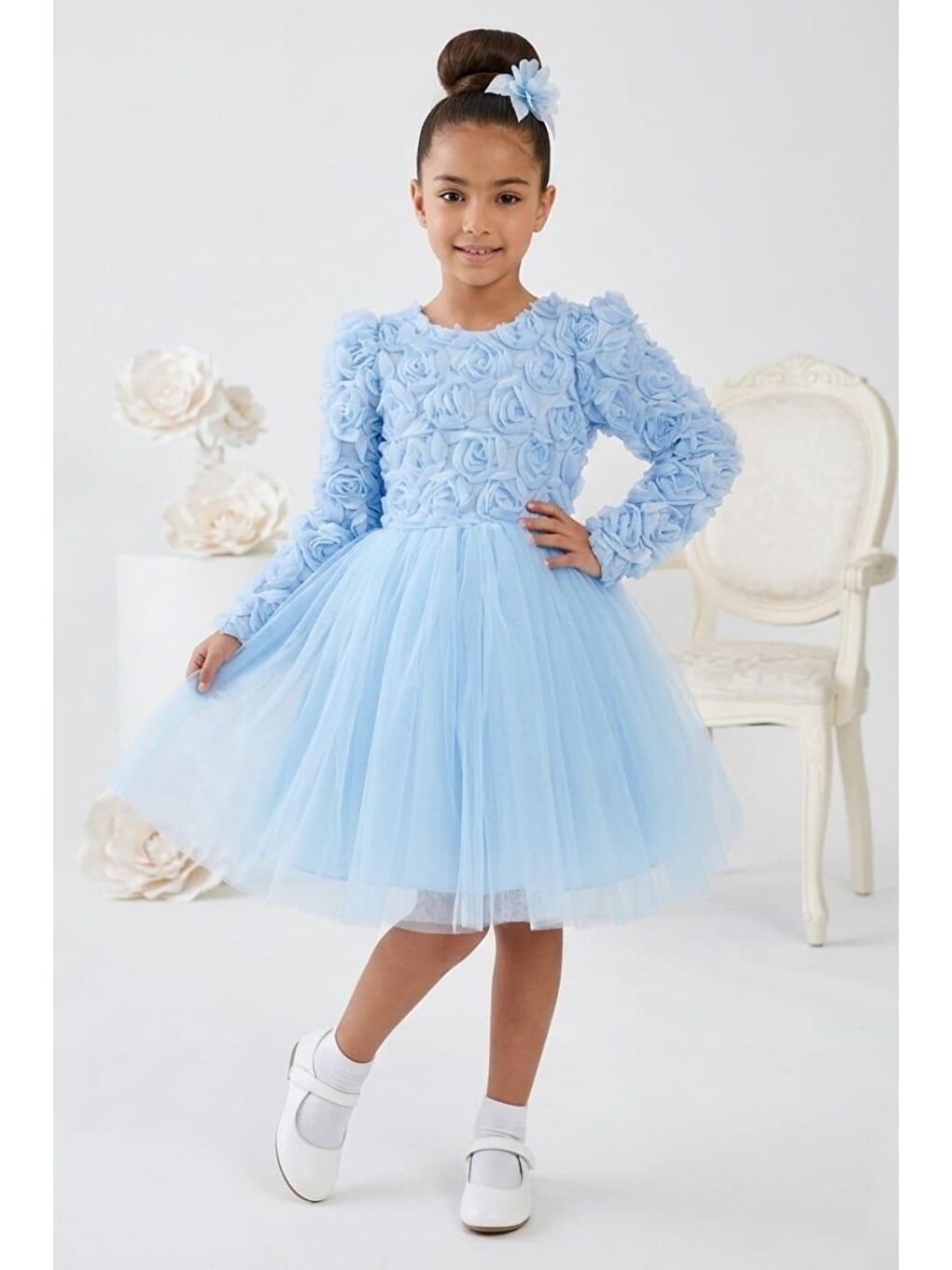 Mavi Luvia Uzun Kol Kız Tütü Abiye Elbise M00810