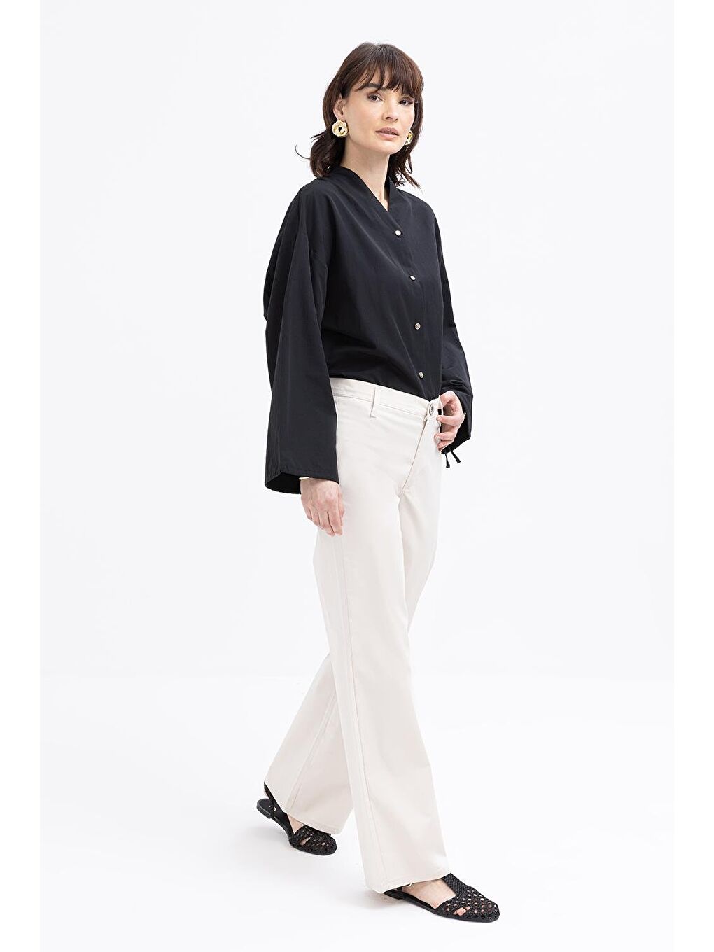 Bej Taş-Geniş Paça Elastanlı Pantolon