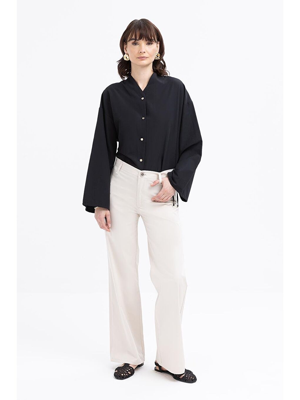 Bej Taş-Geniş Paça Elastanlı Pantolon-1