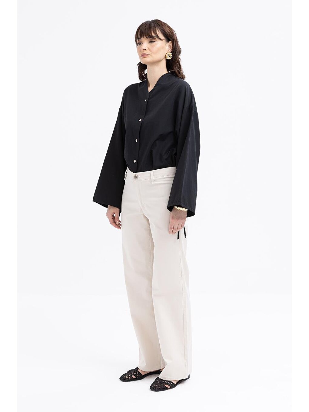 Bej Taş-Geniş Paça Elastanlı Pantolon-2