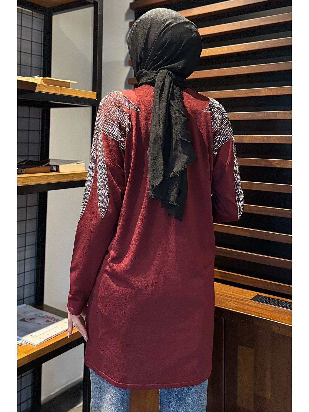 Bordo Omuz Taşlı Tesettür Triko Hırka-7