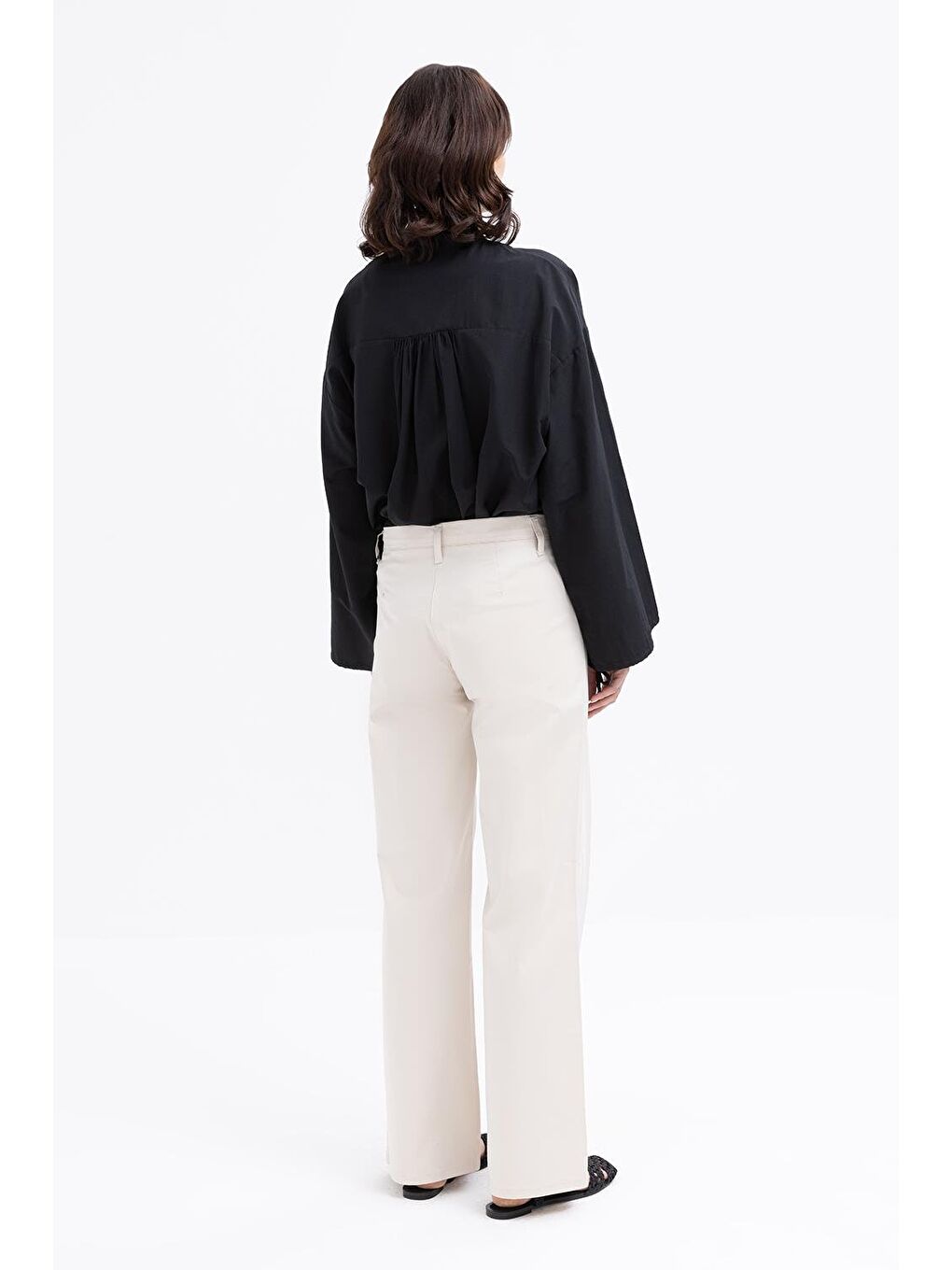 Bej Taş-Geniş Paça Elastanlı Pantolon-3