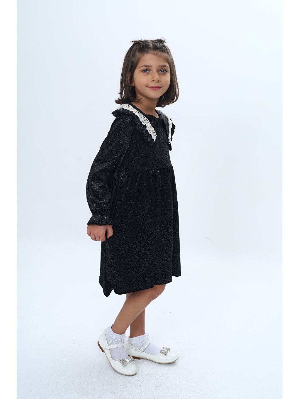 Siyah Kız Çocuk Yaka Detaylı Fırfırlı Elbise-2