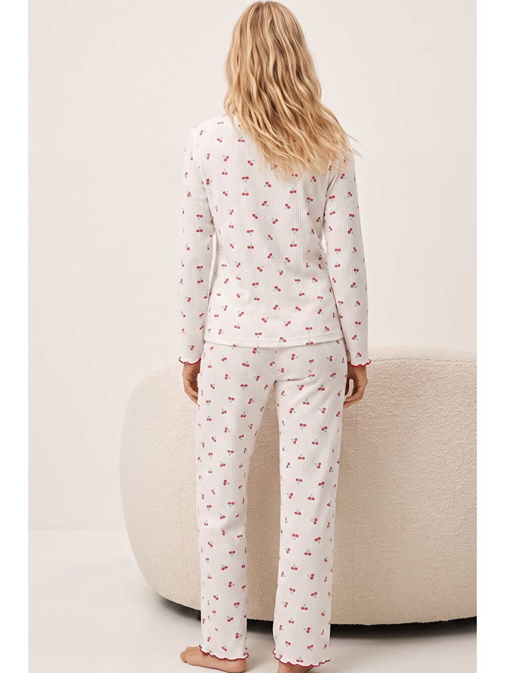 Kırmızı Yumuşak Tuşe Kışlık Fitilli Pamuklu Örme Düğmeli Hırka Pijama Takım 8073-2
