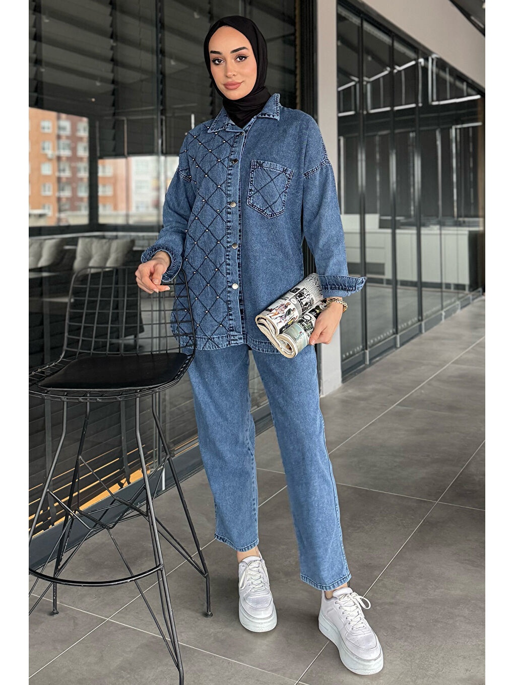 Mavi Kadın Tek Cepli Taş Detaylı Jean Jean Ceket Pantolon Tesettür İkili Takım-3