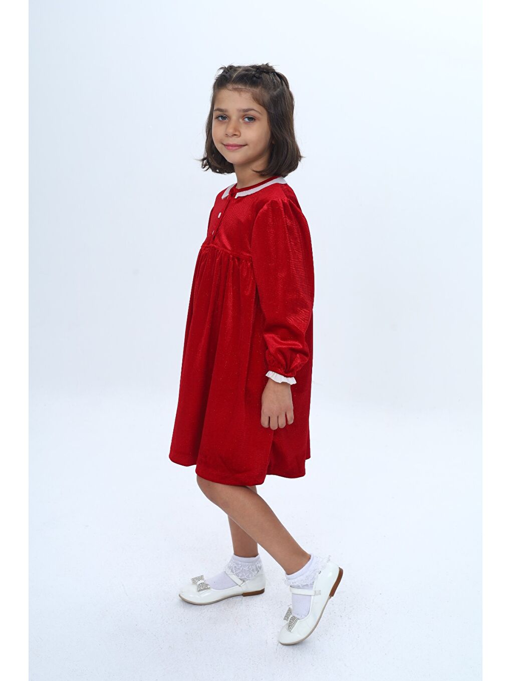 Kırmızı Kız Çocuk Yaka Düğmeli Fırfırlı Elbise-1