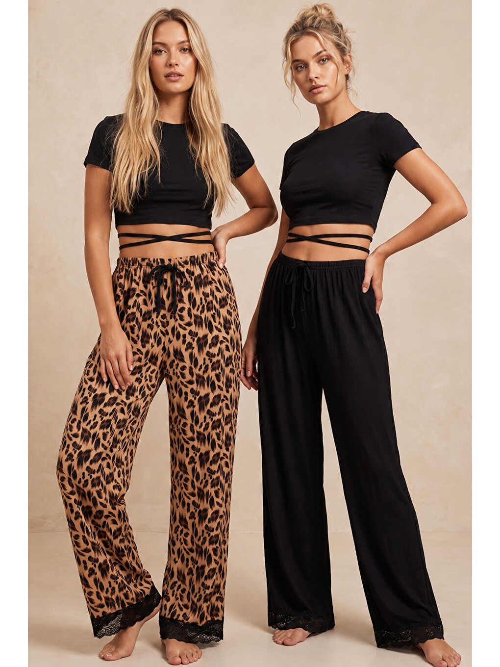 Karışık 2'li Fiyonk Desenli Yumuşak Tuşe Kışlık Örme Tek Alt Pijama Altı 8074