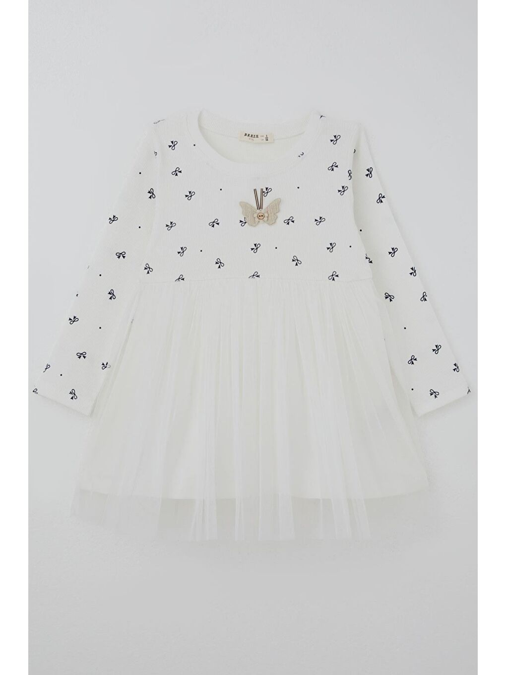 Kız Çocuk Uzun Kollu Elibise Fiyonk Desenli Aplike Kelebek Arma Detaylı Ekru (2-6 Yaş)
