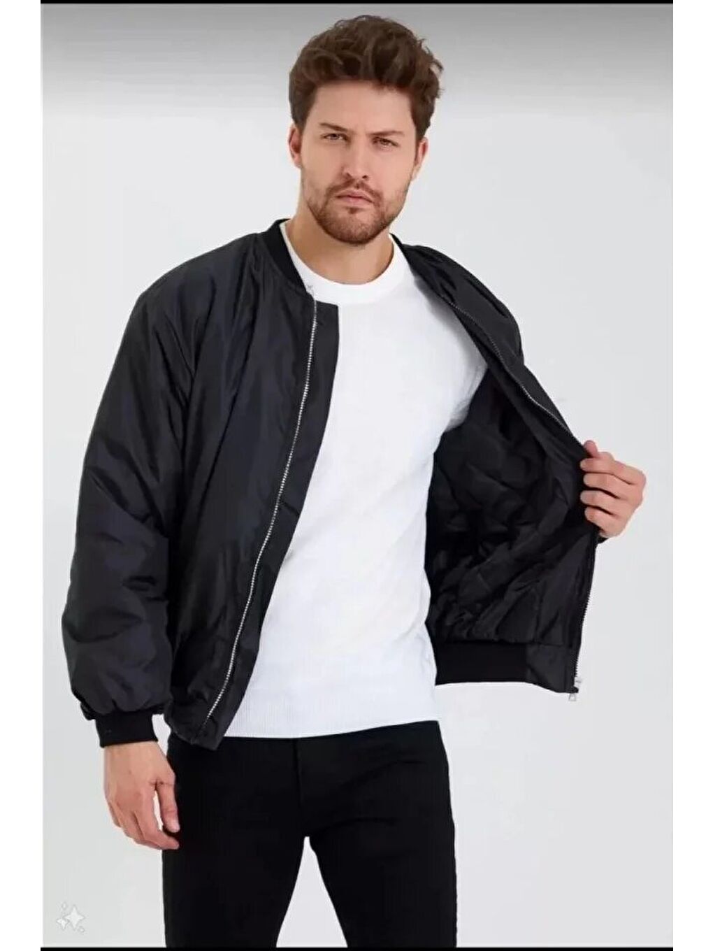 Unisex Uzun Kol Baskılı Bomber Ceket - Siyah-2