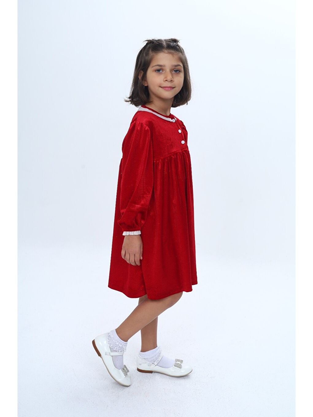 Kırmızı Kız Çocuk Yaka Düğmeli Fırfırlı Elbise-2