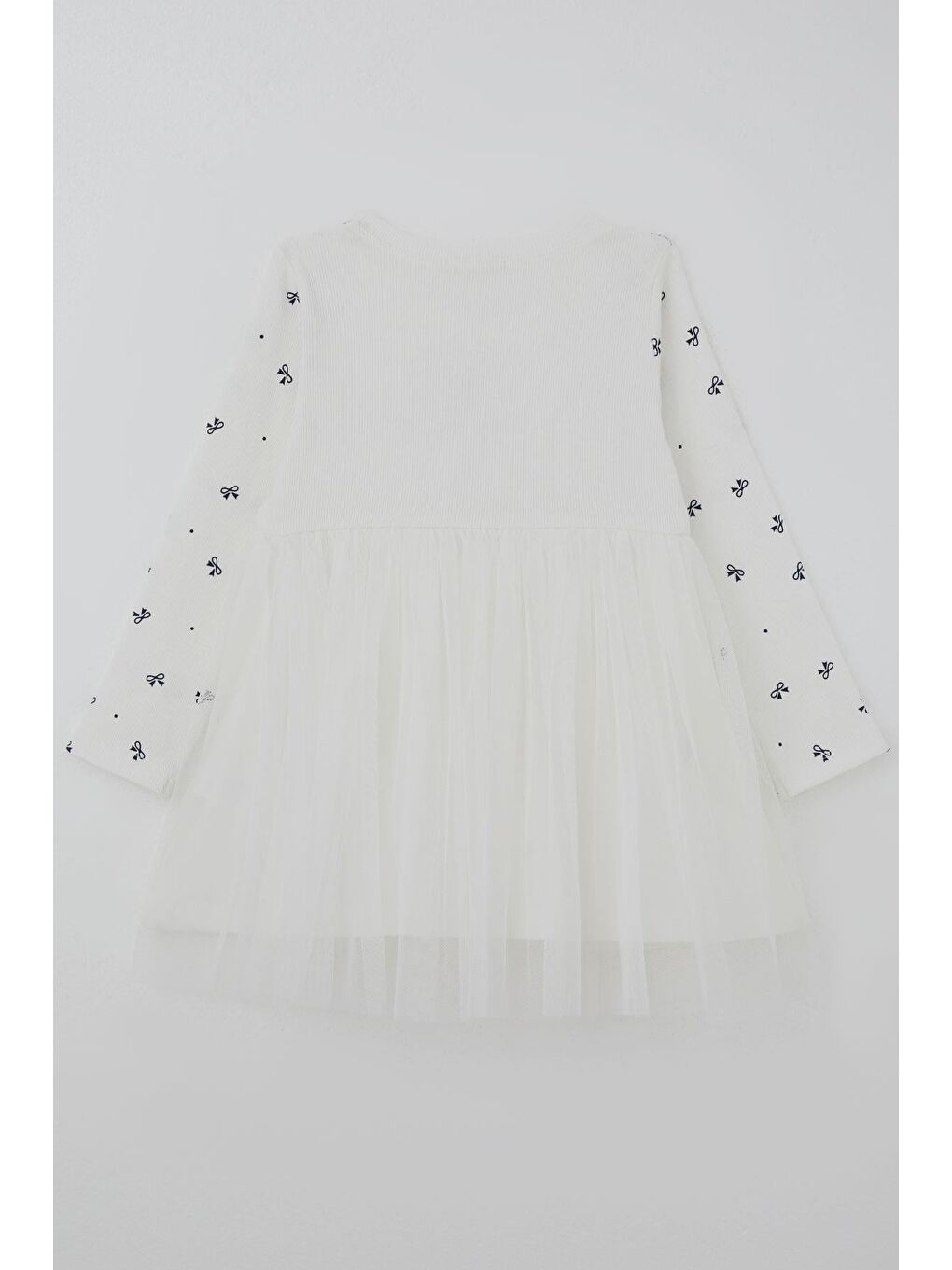 Kız Çocuk Uzun Kollu Elibise Fiyonk Desenli Aplike Kelebek Arma Detaylı Ekru (2-6 Yaş)-1