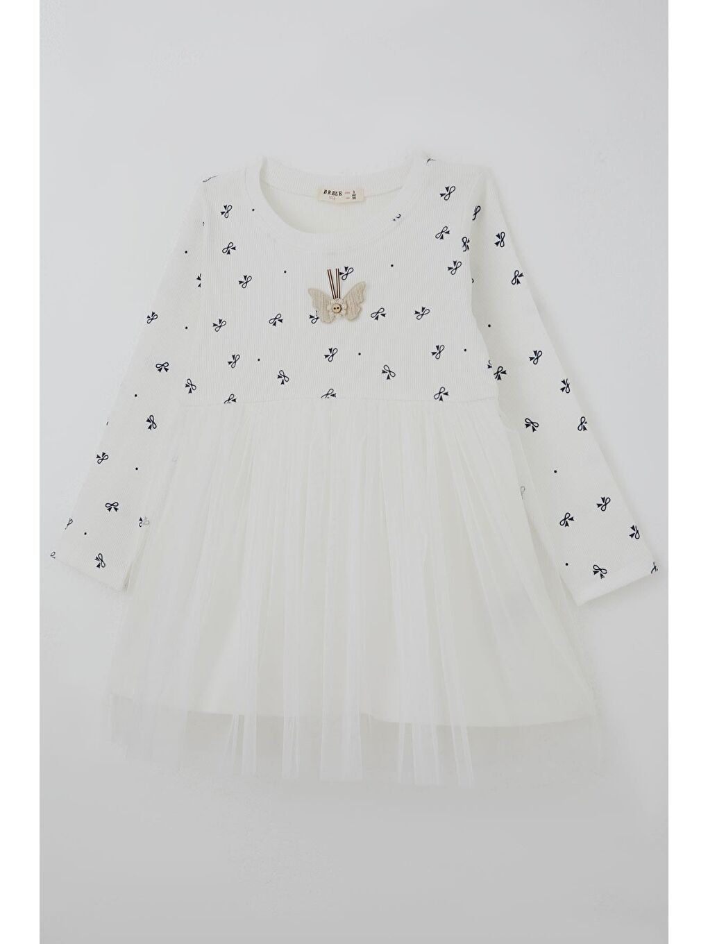 Kız Çocuk Uzun Kollu Elibise Fiyonk Desenli Aplike Kelebek Arma Detaylı Ekru (2-6 Yaş)-2