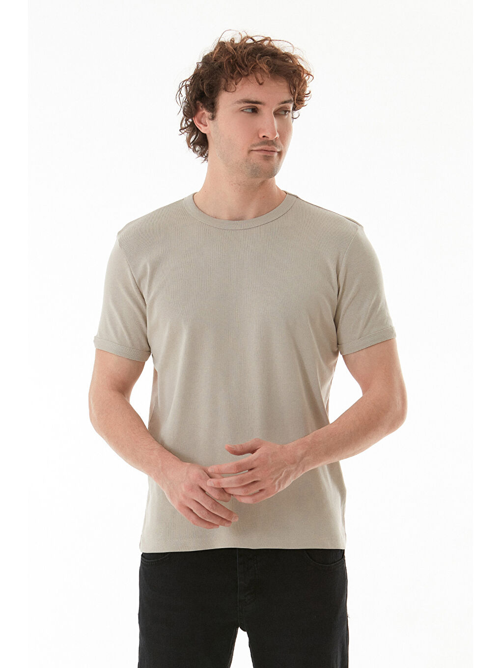 Bej Basic Bisiklet Yaka Ribanalı Tişört