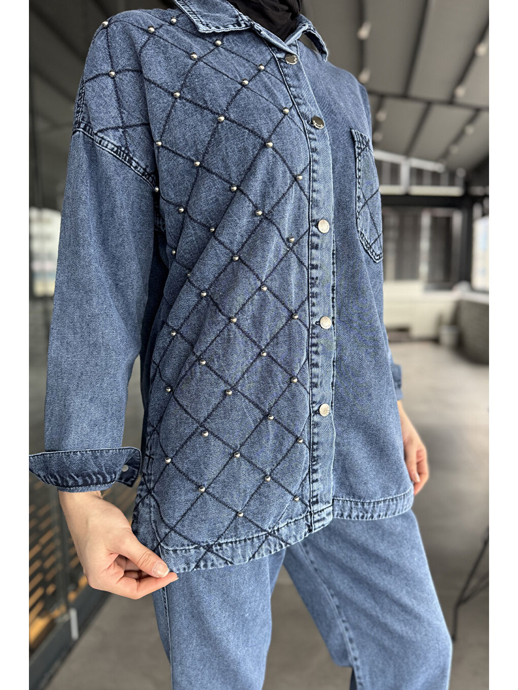 Mavi Kadın Tek Cepli Taş Detaylı Jean Jean Ceket Pantolon Tesettür İkili Takım-5