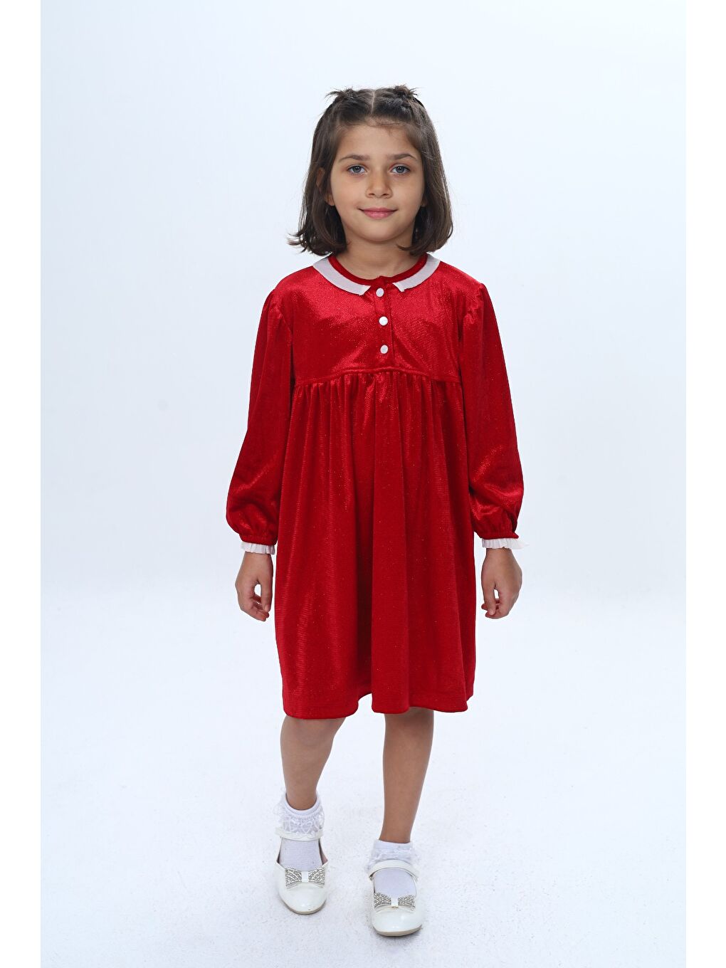 Kırmızı Kız Çocuk Yaka Düğmeli Fırfırlı Elbise-3