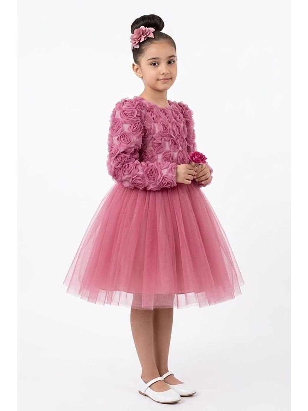 Pembe Luvia Uzun Kol Kız Tütü Abiye Elbise M00810