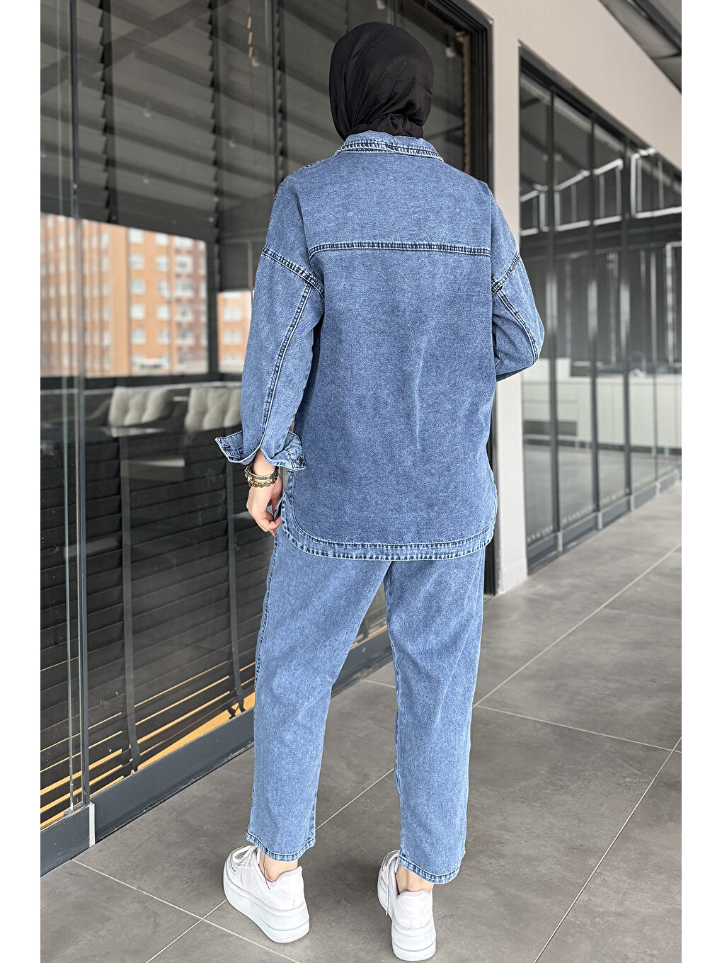 Mavi Kadın Tek Cepli Taş Detaylı Jean Jean Ceket Pantolon Tesettür İkili Takım-7