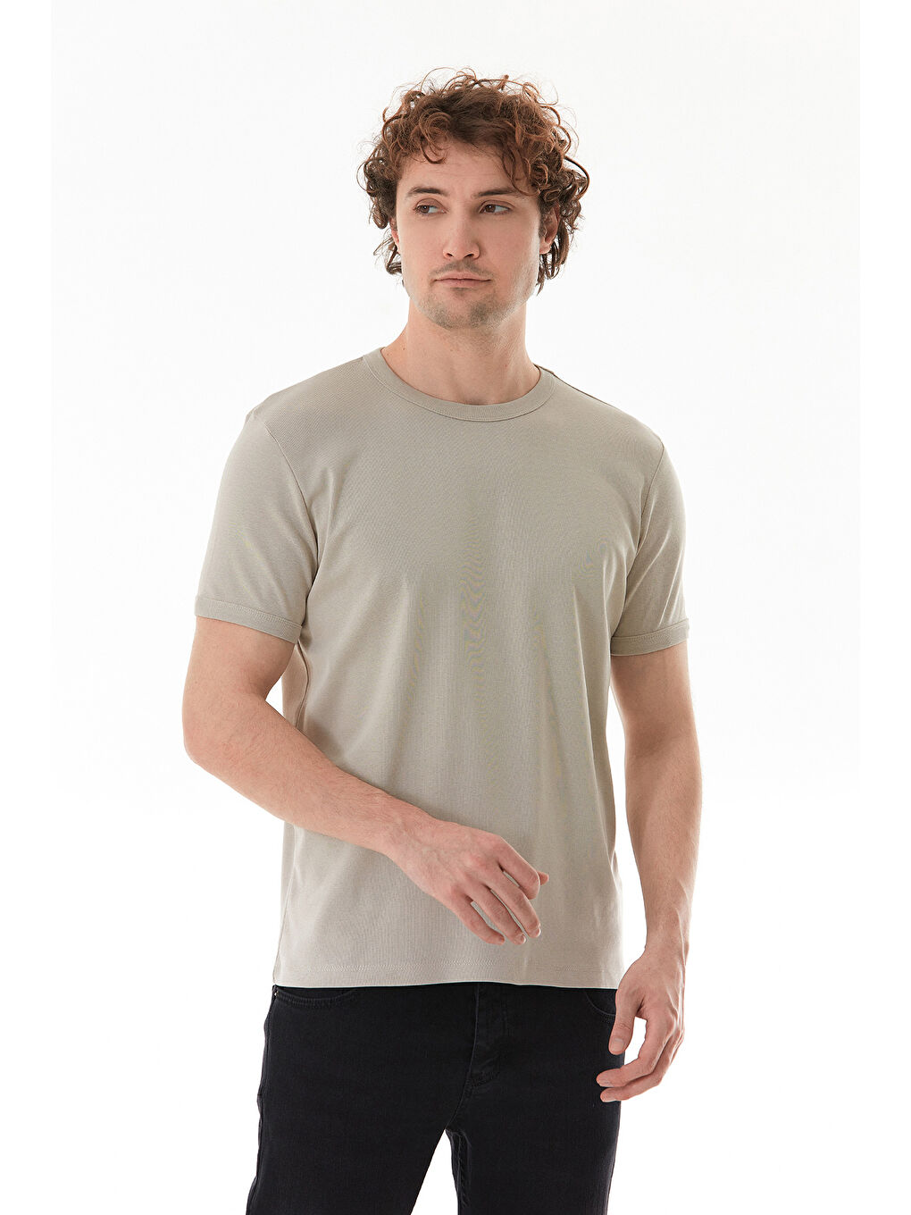 Bej Basic Bisiklet Yaka Ribanalı Tişört-1