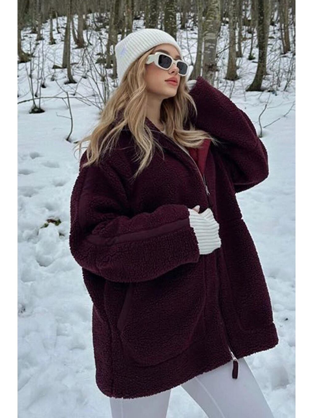 Bordo Dik Yakalı Cepli Pelüş Mont Mg1966-1