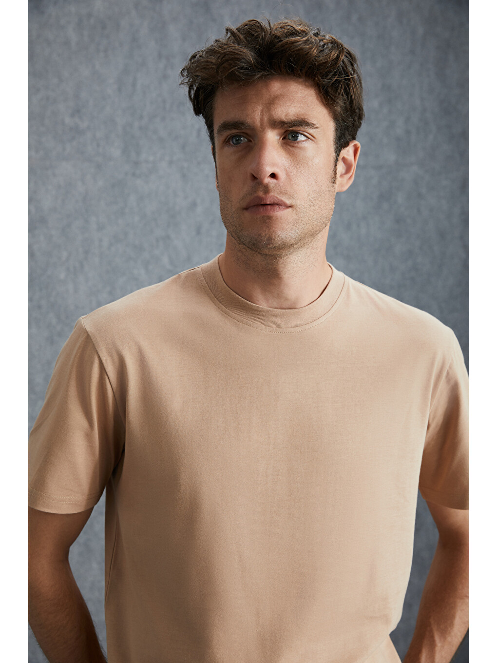 Bej Solo Erkek %100 Organik Pamuklu Kalın Dokulu Comfort Fit Bisiklet Yakalı BEJ T-Shirt-4