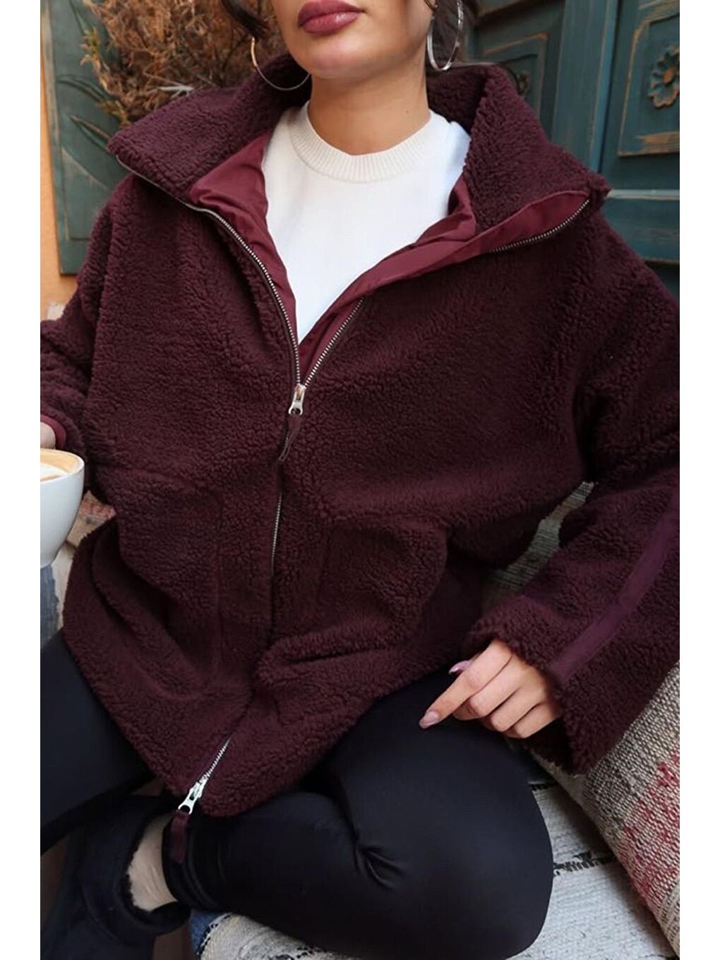 Bordo Dik Yakalı Cepli Pelüş Mont Mg1966-3