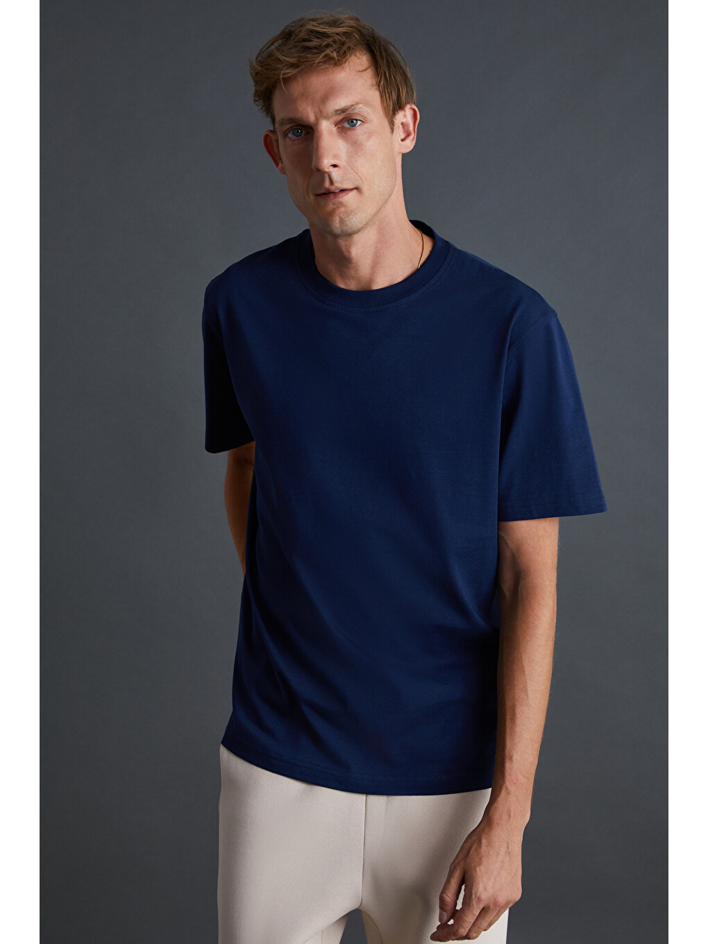 Lacivert Solo Erkek %100 Organik Pamuklu Kalın Dokulu Comfort Fit Bisiklet Yakalı LACİVERT T-Shirt-2