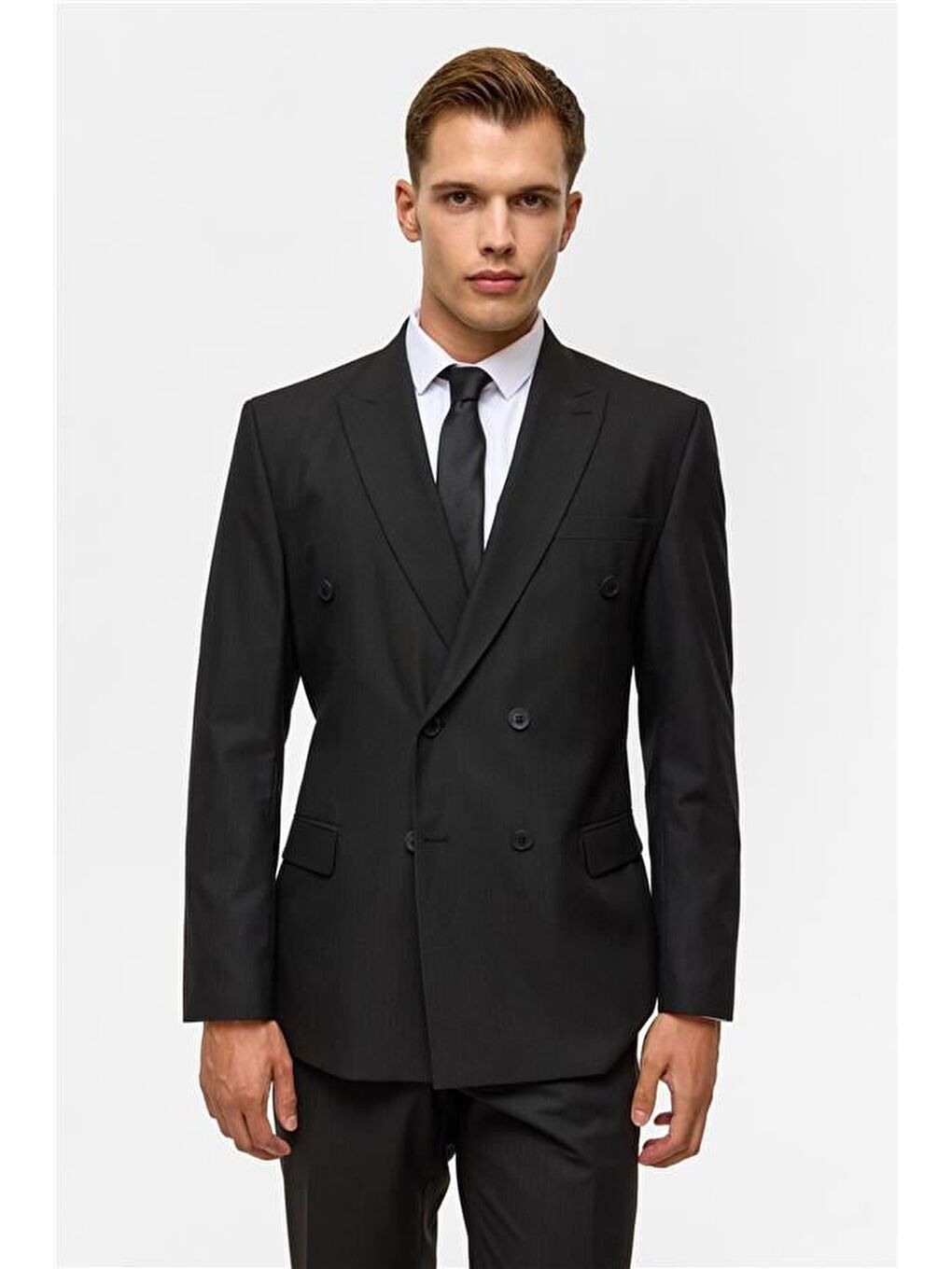 Siyah Regular Çizgili Kruvaze Yaka 6 Drop Takım Elbise-1