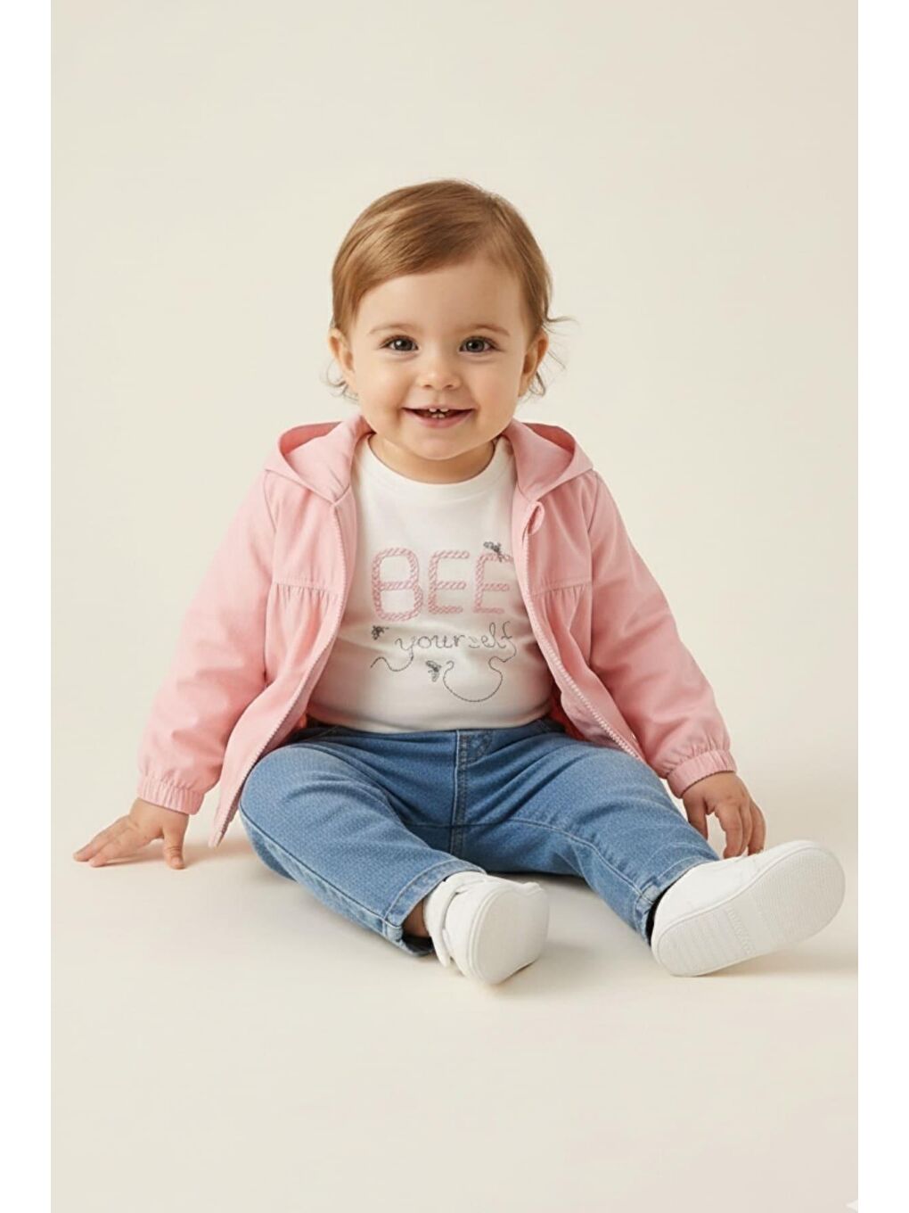 Pembe Kız Bebek Yağmurluk Detaylı 3'Lü Takım  - Pudra-1