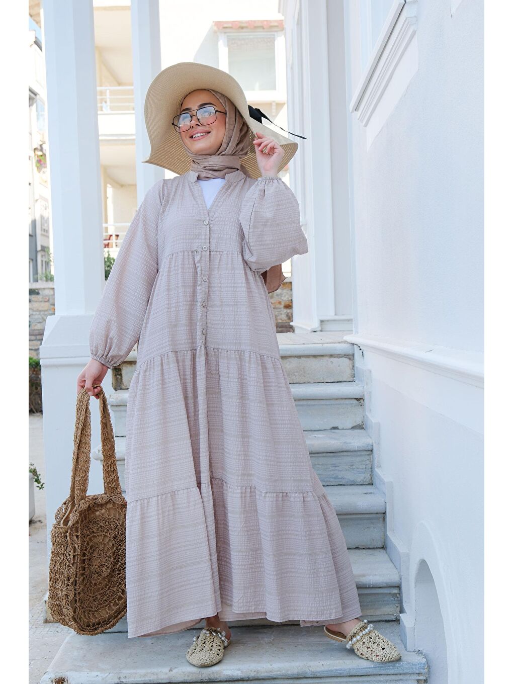 Yarım Düğmeli Elbise Bej