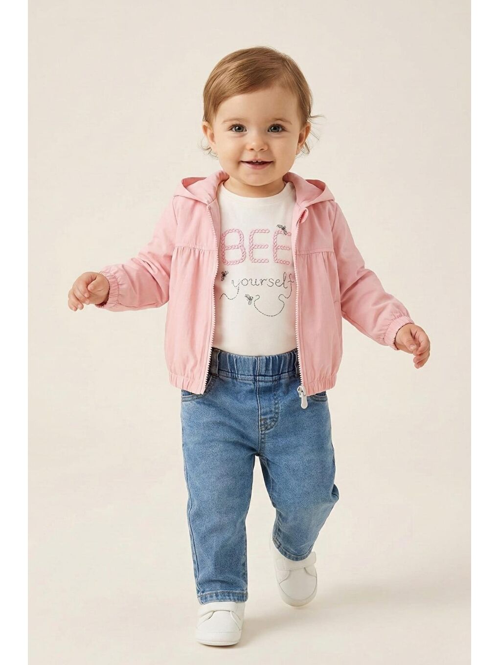 Pembe Kız Bebek Yağmurluk Detaylı 3'Lü Takım  - Pudra-2