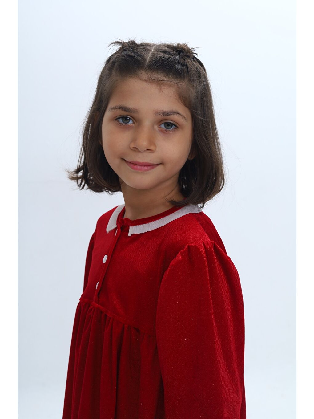 Kırmızı Kız Çocuk Yaka Düğmeli Fırfırlı Elbise-4