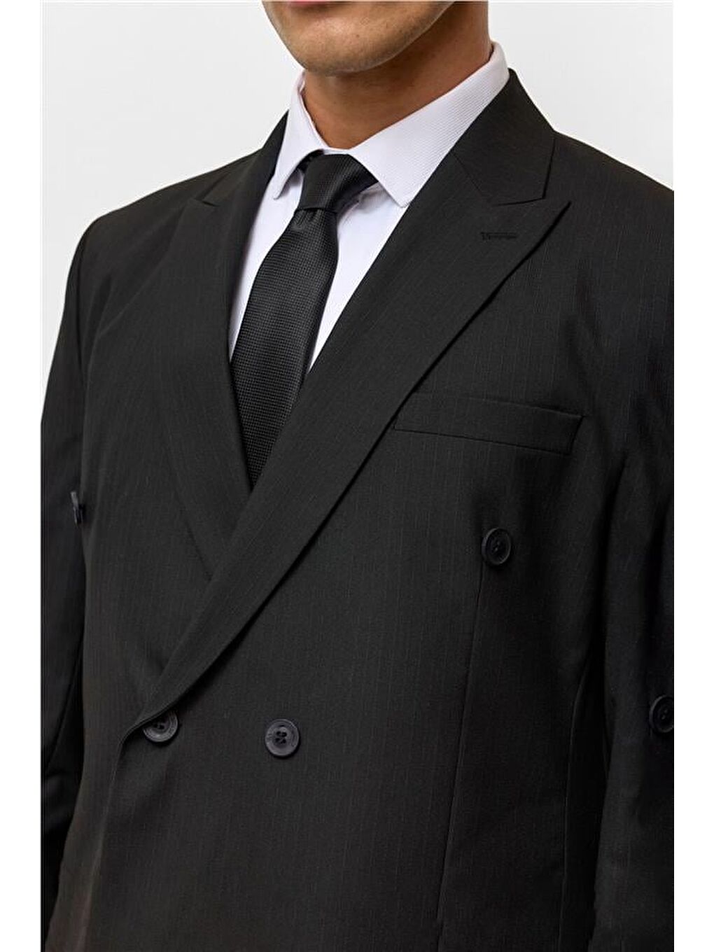 Siyah Regular Çizgili Kruvaze Yaka 6 Drop Takım Elbise-2