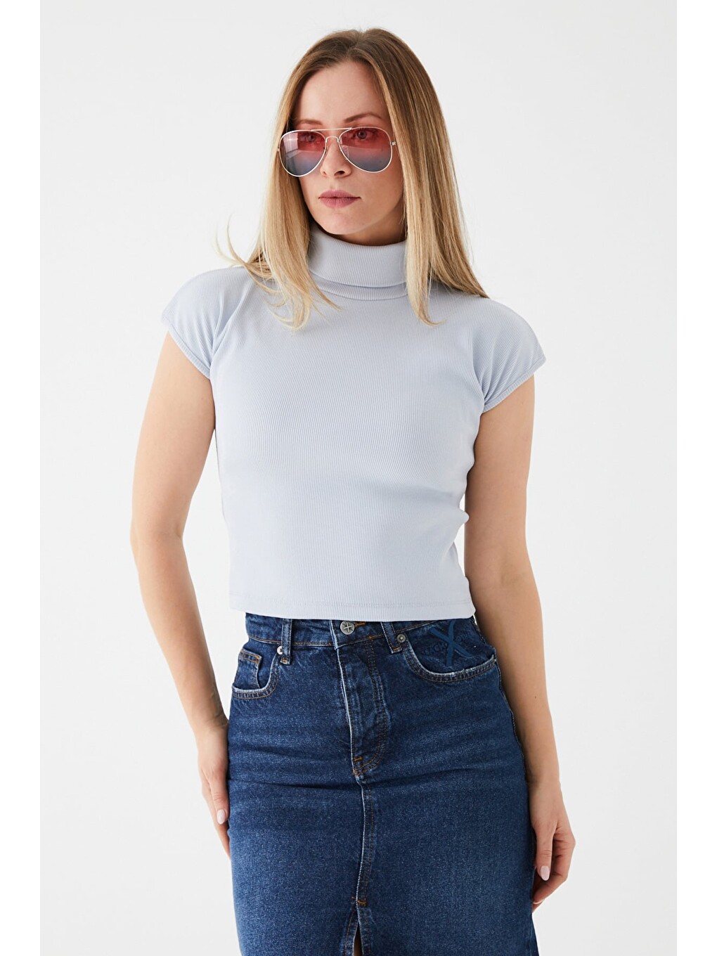 Mavi Fitilli Balıkçı Yaka Slim Fit Tişört-1