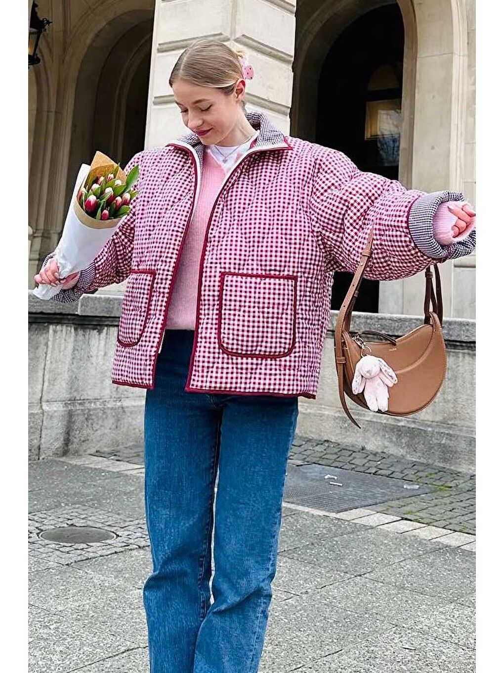 Kırmızı Pötikareli Cepli Kadın Mont Mg2488