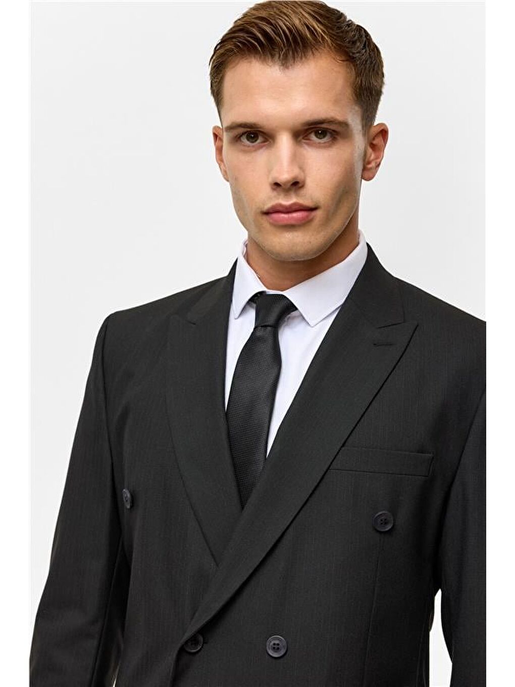 Siyah Regular Çizgili Kruvaze Yaka 6 Drop Takım Elbise-3