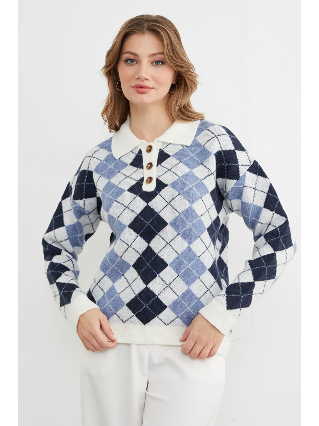 Lacivert Baklava Desenli Yarım Düğmeli Polo Yaka Triko Kazak