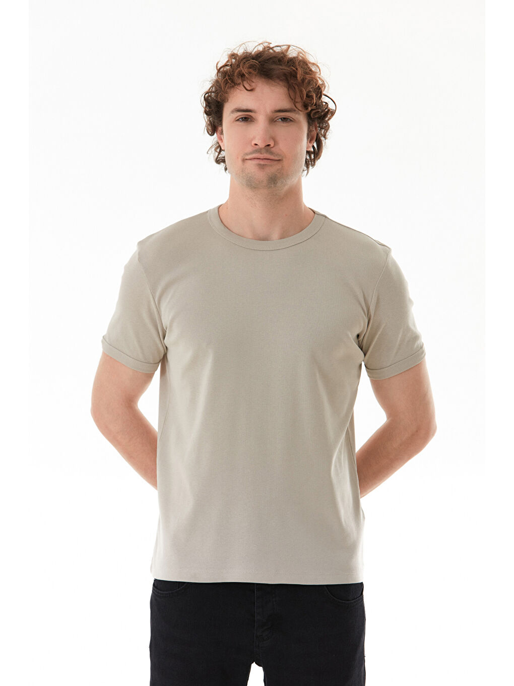 Bej Basic Bisiklet Yaka Ribanalı Tişört-3