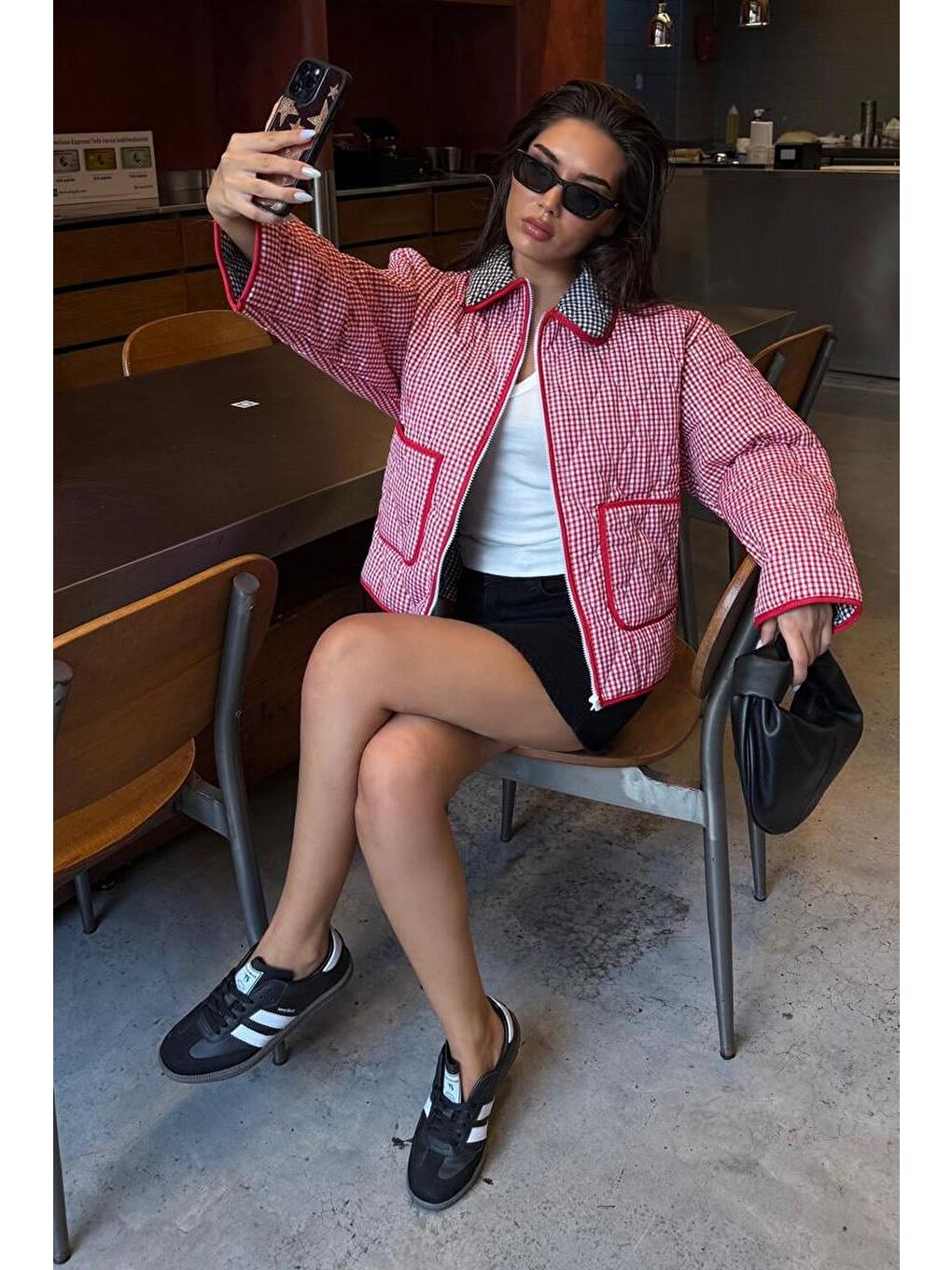 Kırmızı Pötikareli Cepli Kadın Mont Mg2488-1