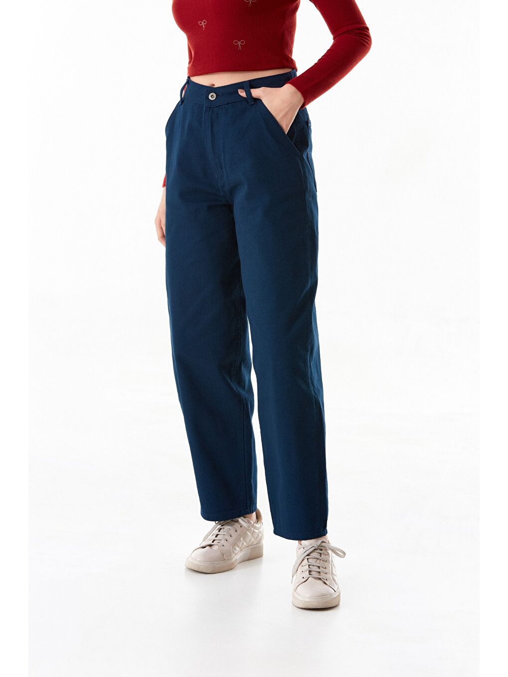 Lacivert Fermuarlı Yüksek Bel Şalvar Pantolon-2