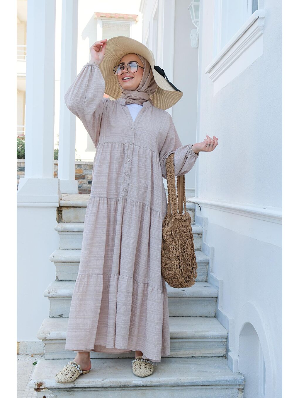 Yarım Düğmeli Elbise Bej-1