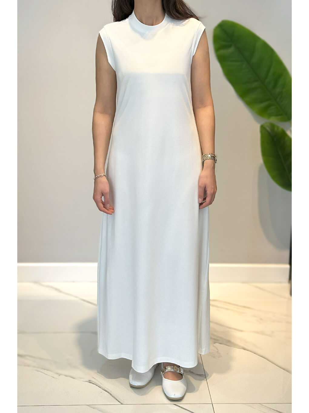 Basic Kolsuz Elbise İçlik Elbise 2060 Ekru-3