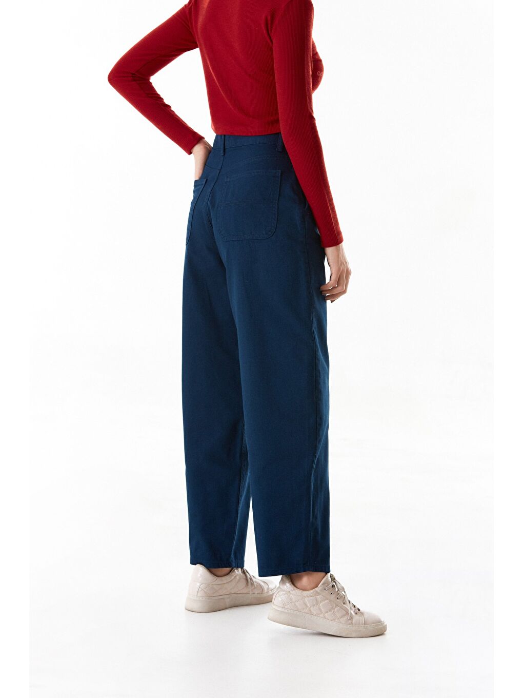 Lacivert Fermuarlı Yüksek Bel Şalvar Pantolon-3