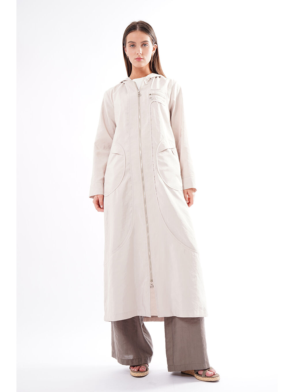 Bej Kapüşonlu Yuvarlak Torba Cepli Fermuarlı Safari Kap 813 Taş-1