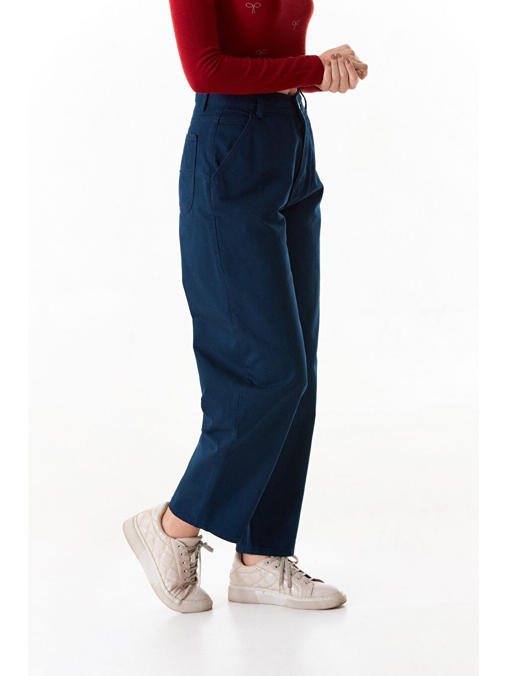 Lacivert Fermuarlı Yüksek Bel Şalvar Pantolon-4