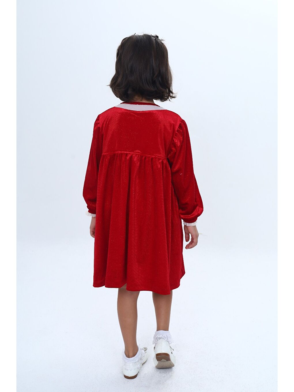 Kırmızı Kız Çocuk Yaka Düğmeli Fırfırlı Elbise-5