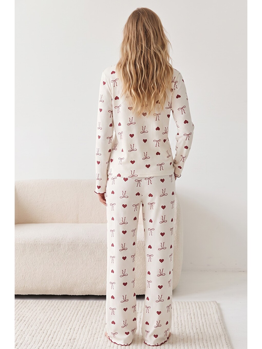 Karışık Yumuşak Tuşe Kışlık Fitilli Pamuklu Örme Düğmeli Hırka Pijama Takım 8073-2