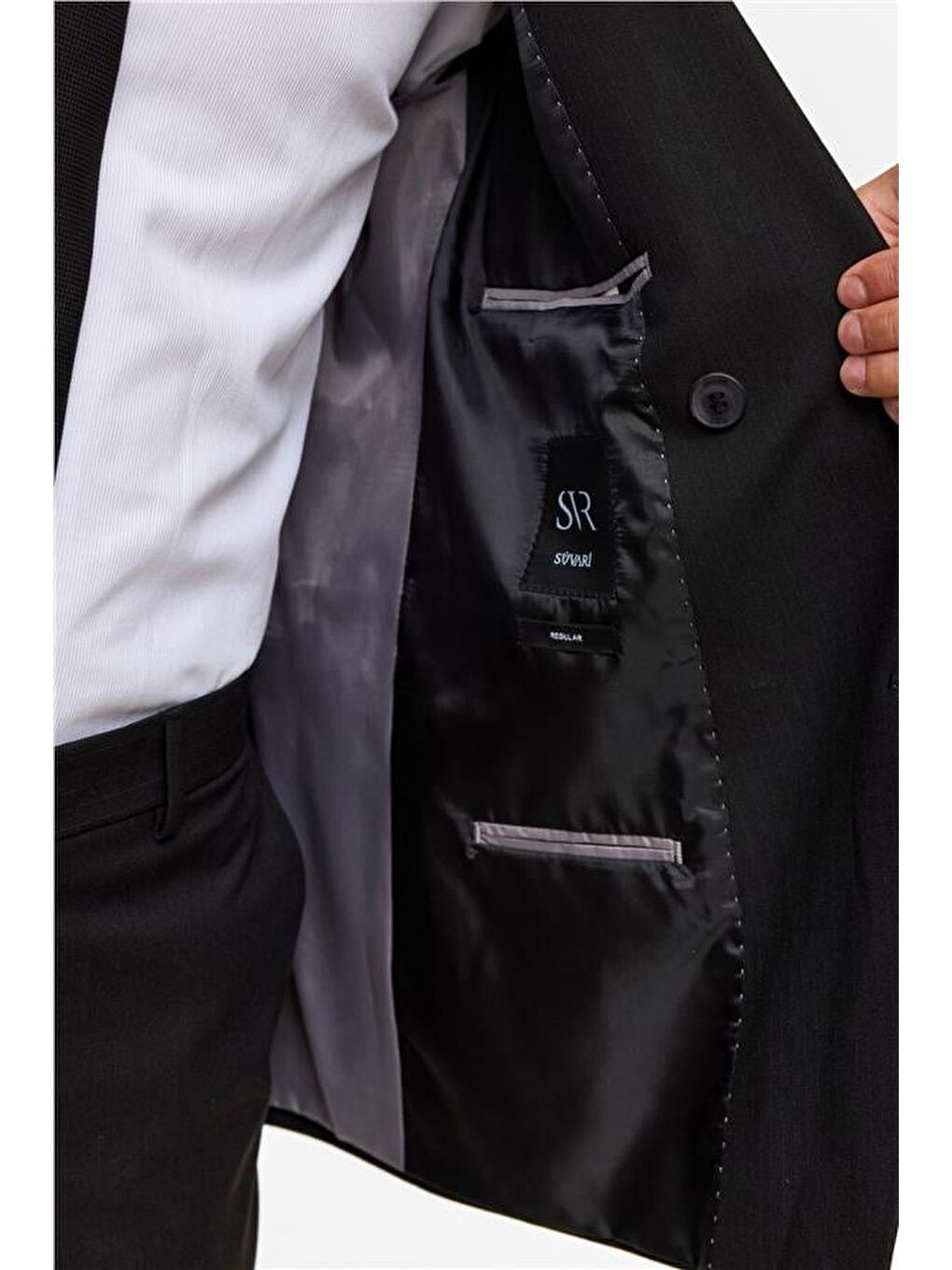 Siyah Regular Çizgili Kruvaze Yaka 6 Drop Takım Elbise-6