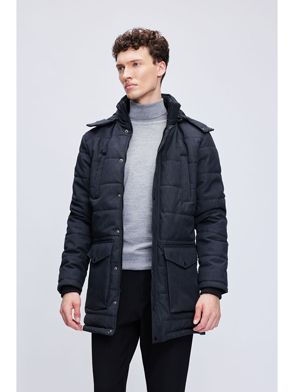 Siyah Dinamit Fit Hakim Yaka Desenli Kapitone Uzun Kapüşonlu Mont-2